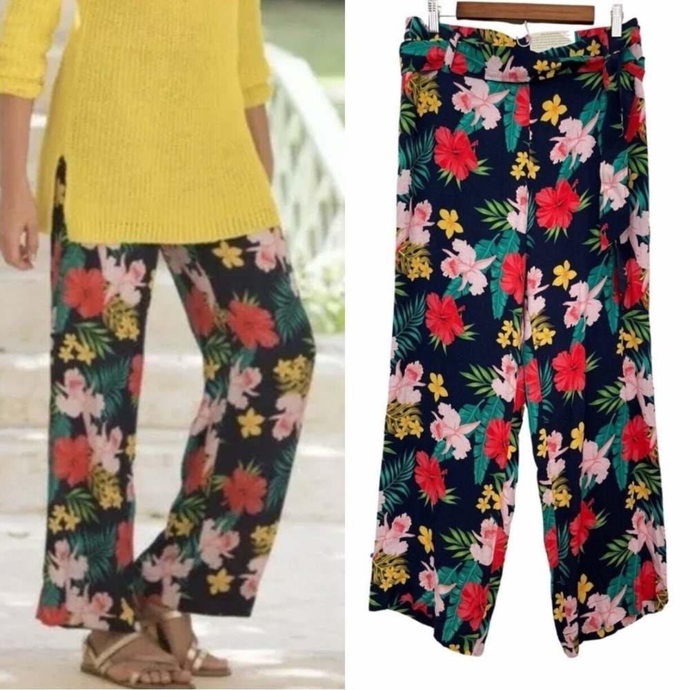 NEW Soft Surroundings Wide Leg Pants Women M Navy Blue Floral Tropical Vacation